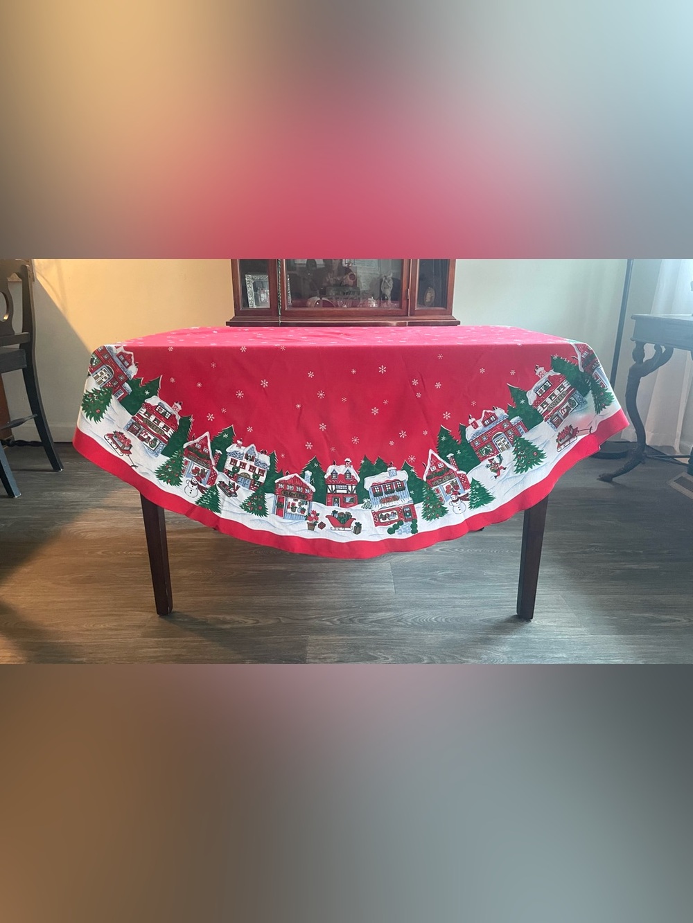 Vintage Christmas Tablecloth Red Holiday Winter Village Scene by Sunweave 70”